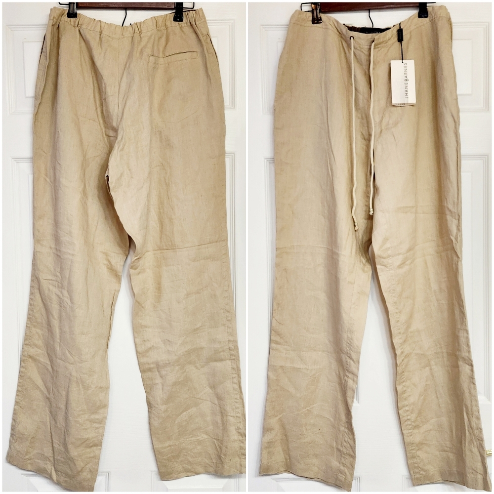 Jhane Barnes 100% Linen Beach Drawstring Wide Leg Pants Bisque Size M New